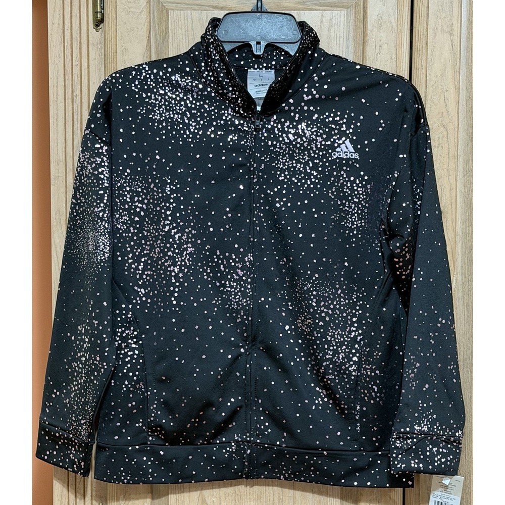 adidas Girls Black Tricot Track Jacket Sz Large Silver Pink Speckled Star Print